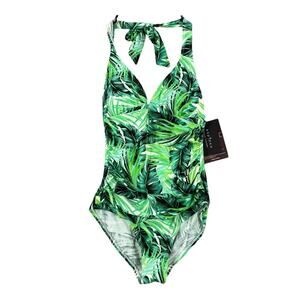 Espidoo Women's Size Small Halter Neck Swimsuit Green Jungle Tropical Print NWT